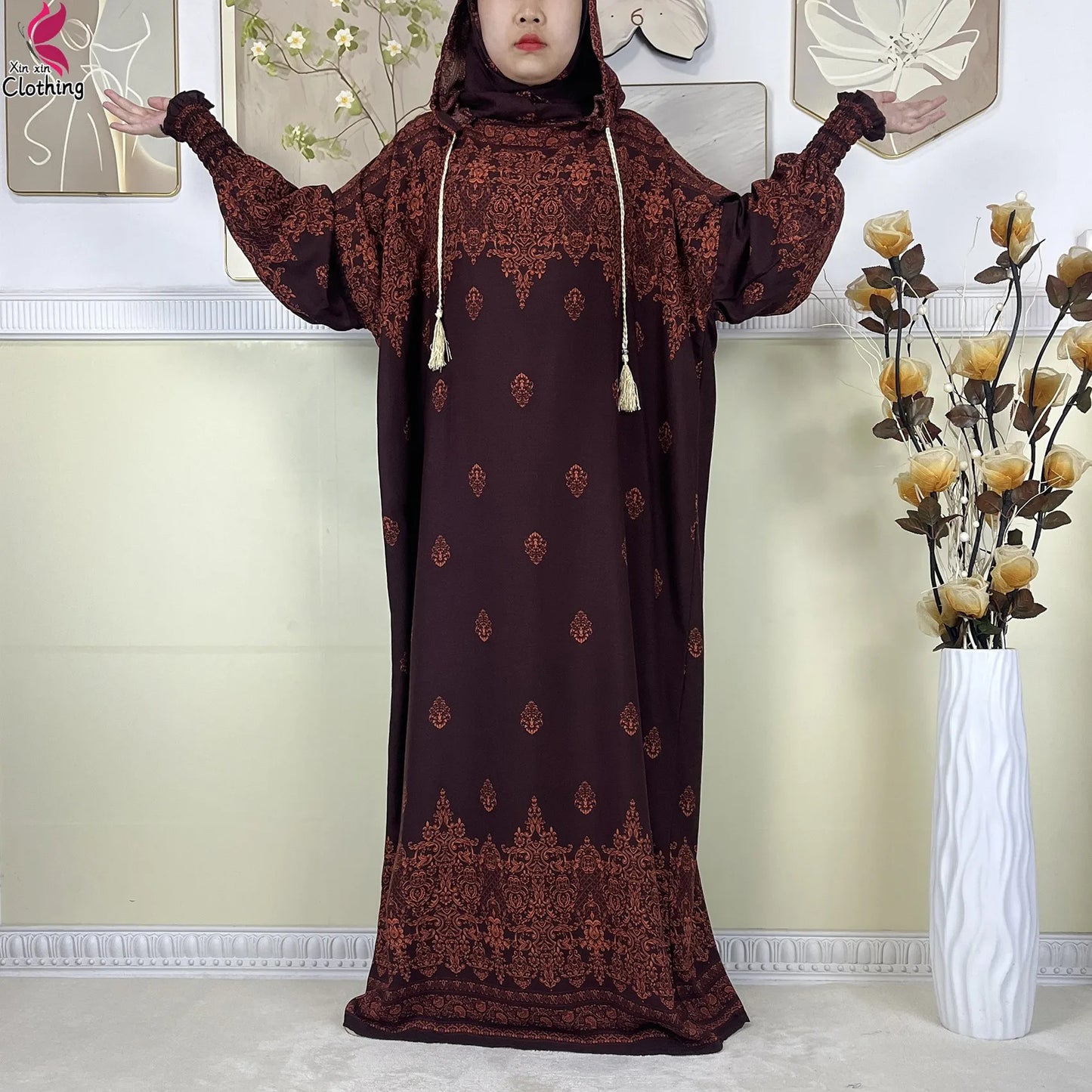 2025 Latest Cotton Abaya Double Hat Muslim Ramadan Prayer Clothing Casual Robe Long Sleeves Loose Woman Islam Prayer Clothing