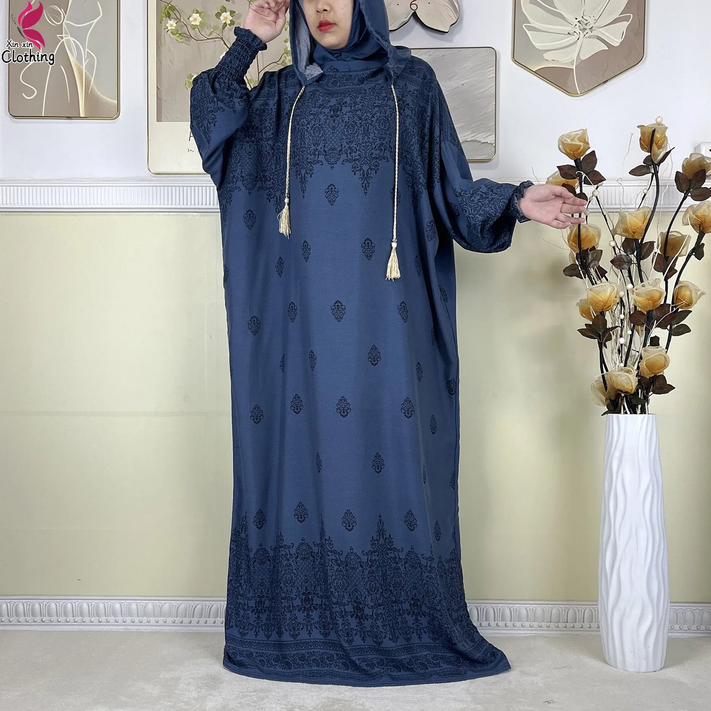 2025 Latest Cotton Abaya Double Hat Muslim Ramadan Prayer Clothing Casual Robe Long Sleeves Loose Woman Islam Prayer Clothing