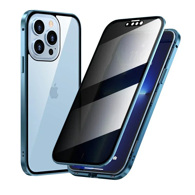 Magnetic tempered glass privacy metal case for iPhone 16 15 14 13 12 XR 11 pro Max 7 8 plus 360 magnet antispy protective cover