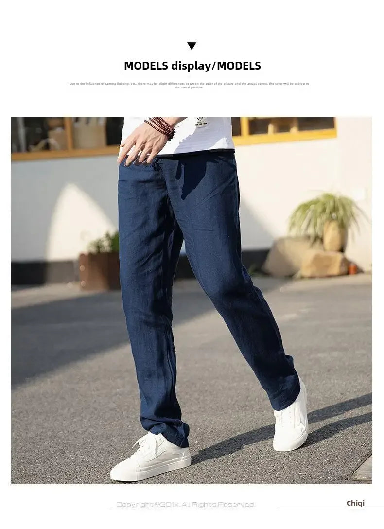 High-end 100% Pure Linen Pants Men's Thin Summer White Pants Casual Loose-fit Straight-leg Cotton Linen Trousers