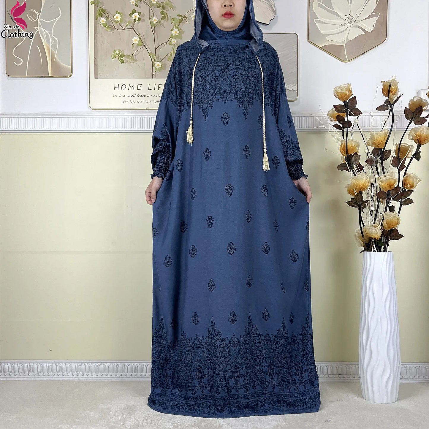 2025 Latest Cotton Abaya Double Hat Muslim Ramadan Prayer Clothing Casual Robe Long Sleeves Loose Woman Islam Prayer Clothing