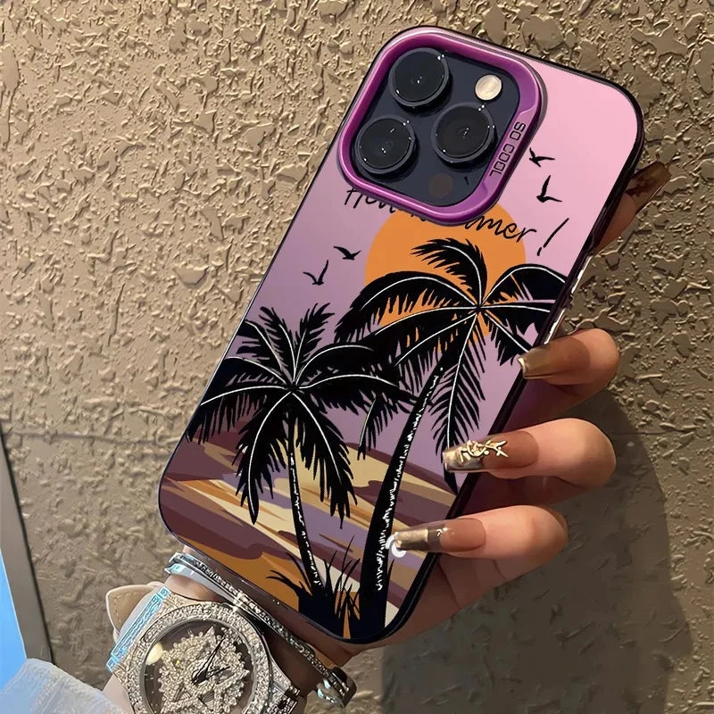 Phone Case For iPhone 16 15 14 13 12 11 Pro Max 7 8 Plus XS XR X SE2022 Summer Scenery Coconut tree Design Shockproof Hard Cover