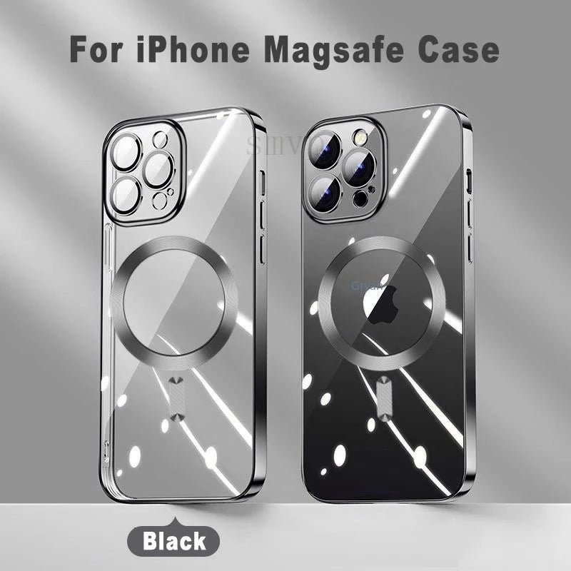 NEW Pink Transparent Magsafe Case For iPhone 16 15 14 13 11 Pro Max Magnetic Wireless Charge Back Shockproof Plating Soft Cover