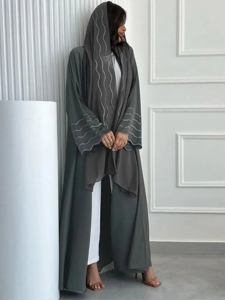 Ramadan Eid Abaya Khimar Set – Gray & Black Muslim Dress