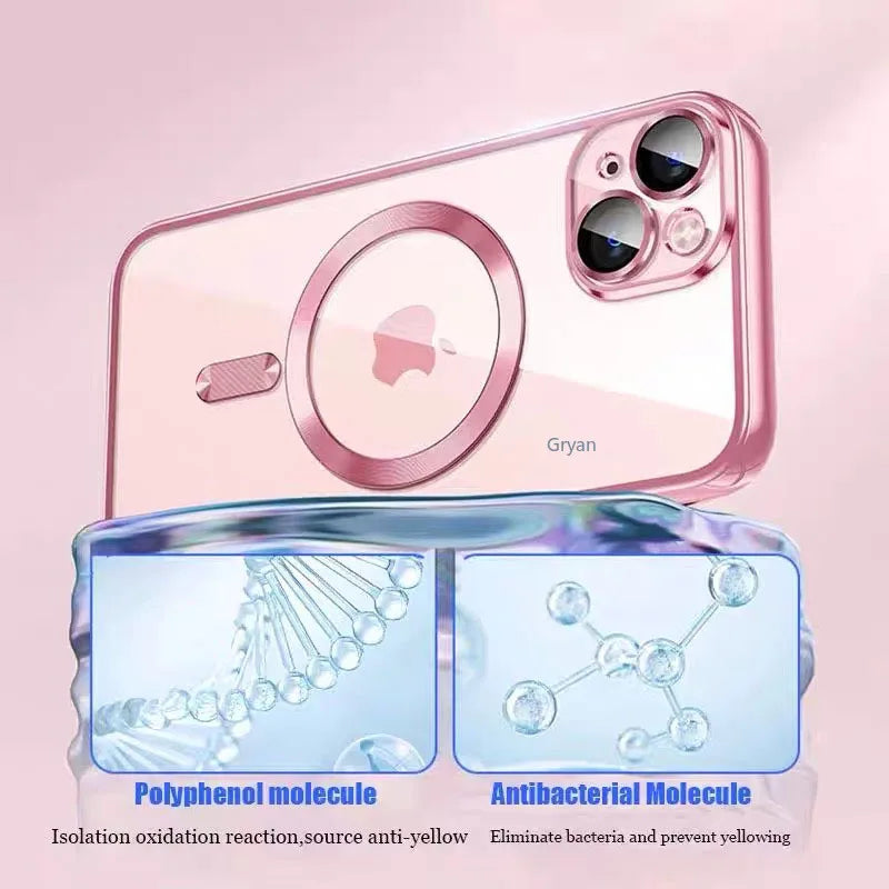 NEW Pink Transparent Magsafe Case For iPhone 16 15 14 13 11 Pro Max Magnetic Wireless Charge Back Shockproof Plating Soft Cover