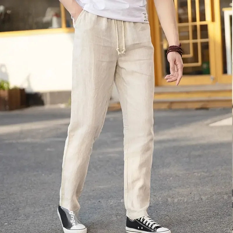 High-end 100% Pure Linen Pants Men's Thin Summer White Pants Casual Loose-fit Straight-leg Cotton Linen Trousers