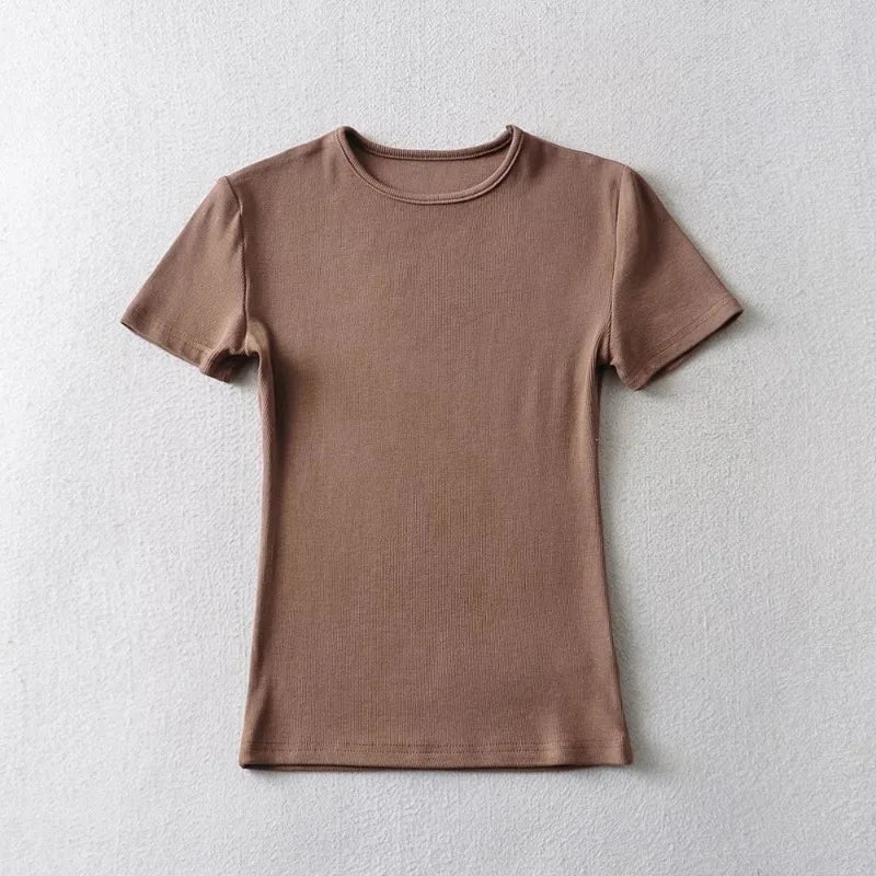 Casual Summer Woman Skinny Fit T-shirt Tight Short-Sleeve O-neck Tee Basic Solid Crop Tops T Shirt