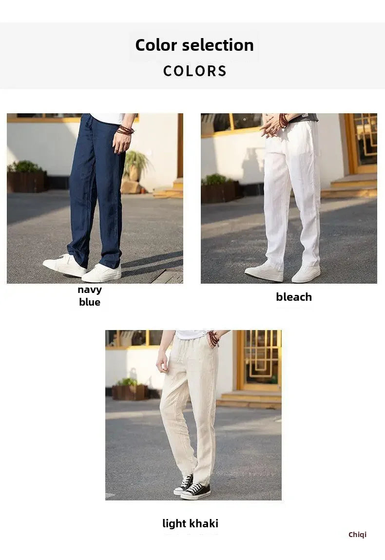 High-end 100% Pure Linen Pants Men's Thin Summer White Pants Casual Loose-fit Straight-leg Cotton Linen Trousers