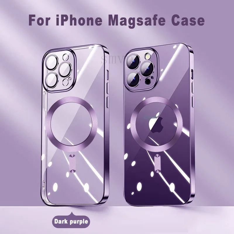 NEW Pink Transparent Magsafe Case For iPhone 16 15 14 13 11 Pro Max Magnetic Wireless Charge Back Shockproof Plating Soft Cover