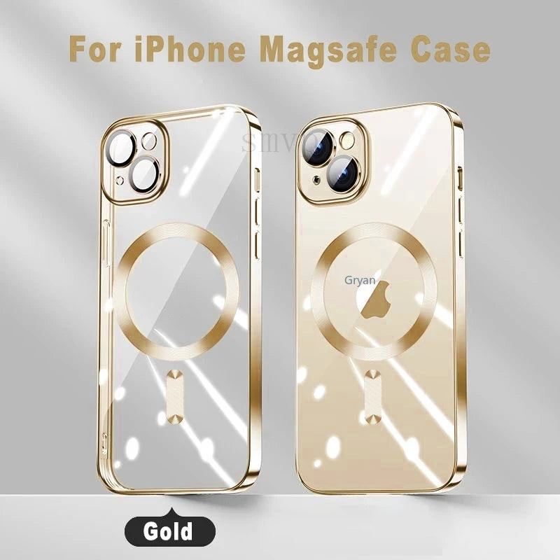 NEW Pink Transparent Magsafe Case For iPhone 16 15 14 13 11 Pro Max Magnetic Wireless Charge Back Shockproof Plating Soft Cover