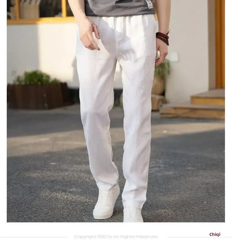 High-end 100% Pure Linen Pants Men's Thin Summer White Pants Casual Loose-fit Straight-leg Cotton Linen Trousers