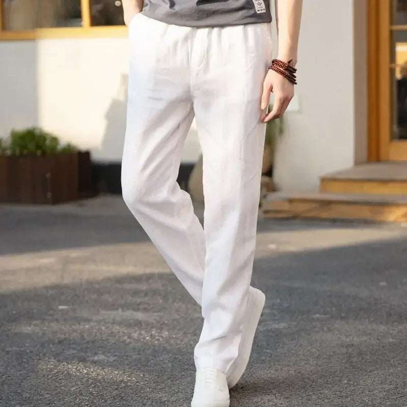 High-end 100% Pure Linen Pants Men's Thin Summer White Pants Casual Loose-fit Straight-leg Cotton Linen Trousers