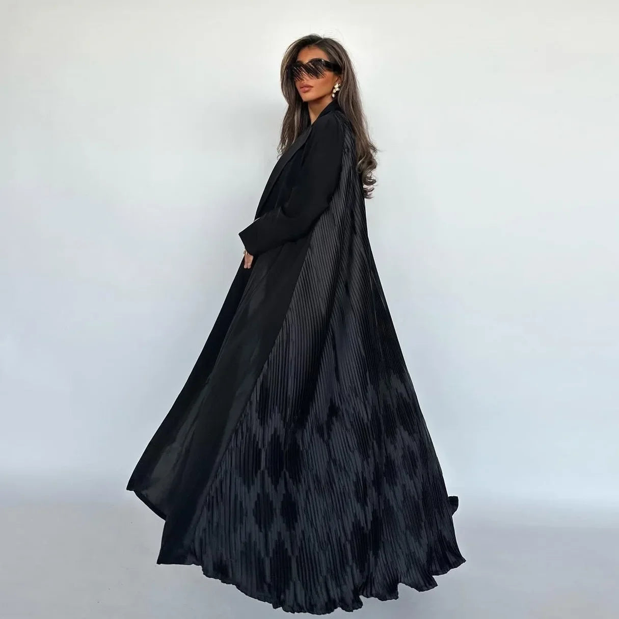 Eid Black Pleated Abaya Cardigan – Muslim Party Dress Kaftan