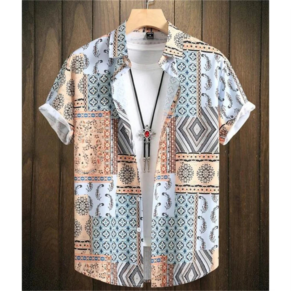 Men's Shirt Summer Ethnic Style Casual Fashion Short Sleeved Daily Loose Breathable Hawaiian Shirt Man Casual Men's Clothing Top