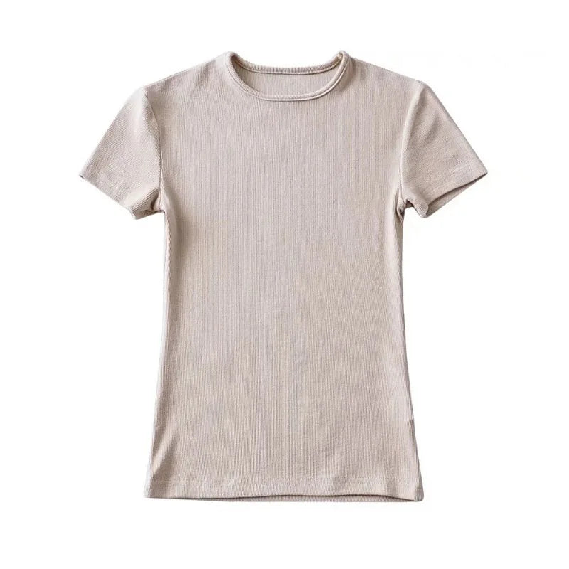 Casual Summer Woman Skinny Fit T-shirt Tight Short-Sleeve O-neck Tee Basic Solid Crop Tops T Shirt