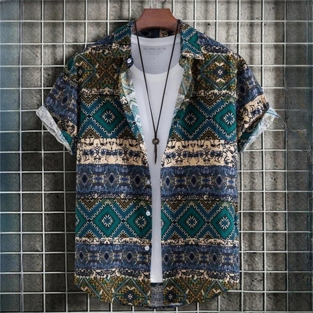 Men's Shirt Summer Ethnic Style Casual Fashion Short Sleeved Daily Loose Breathable Hawaiian Shirt Man Casual Men's Clothing Top