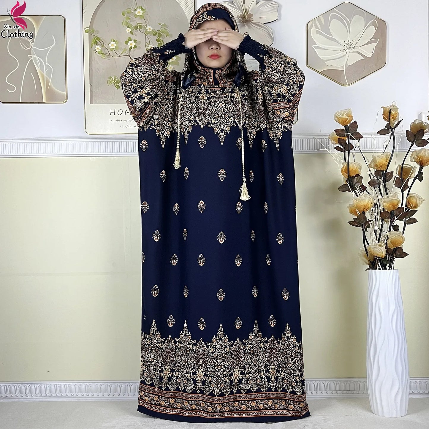 2025 Latest Cotton Abaya Double Hat Muslim Ramadan Prayer Clothing Casual Robe Long Sleeves Loose Woman Islam Prayer Clothing
