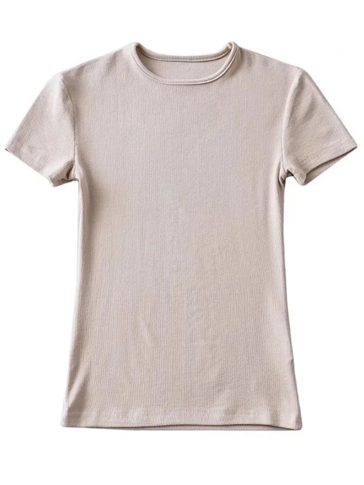 Casual Summer Woman Skinny Fit T-shirt Tight Short-Sleeve O-neck Tee Basic Solid Crop Tops T Shirt