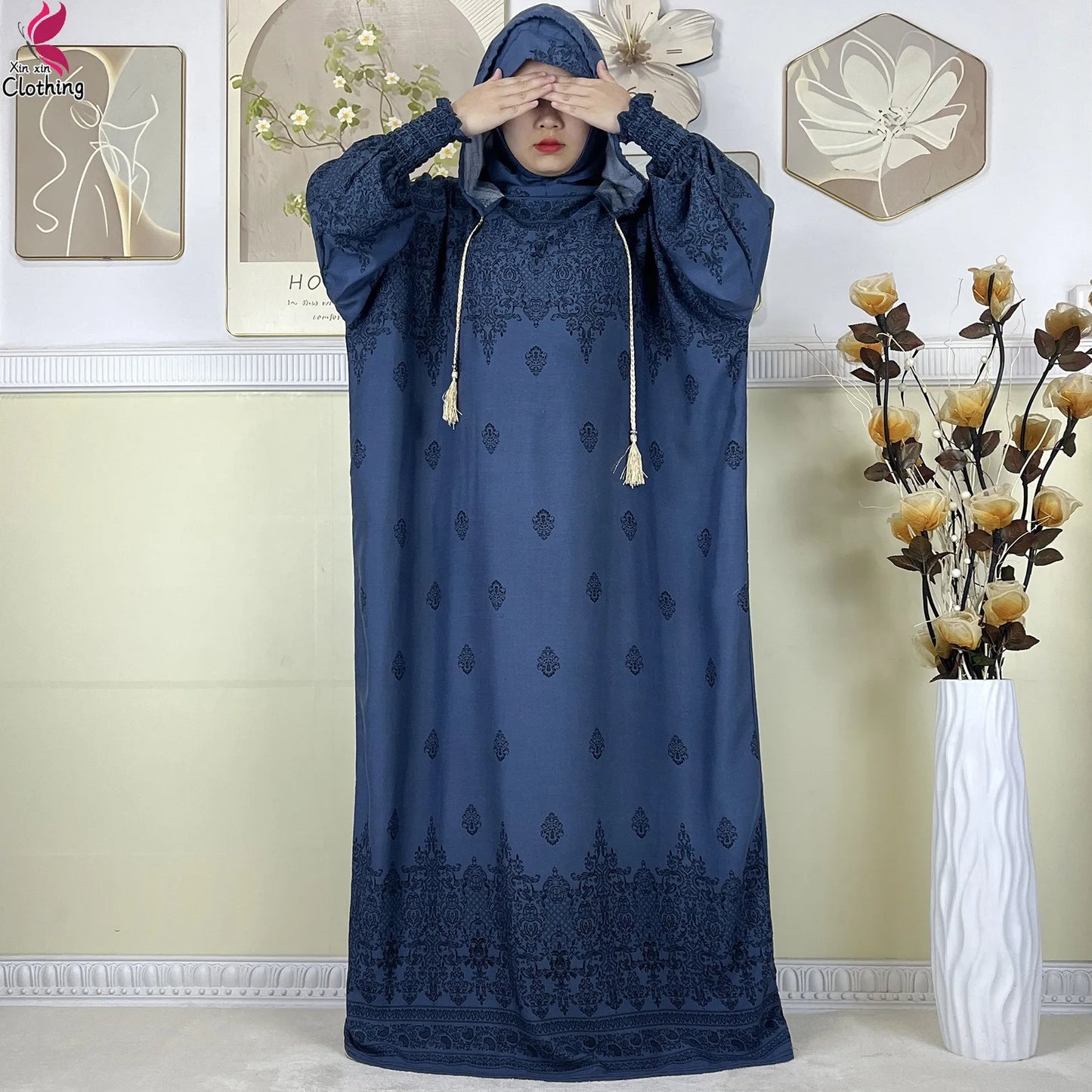 2025 Latest Cotton Abaya Double Hat Muslim Ramadan Prayer Clothing Casual Robe Long Sleeves Loose Woman Islam Prayer Clothing
