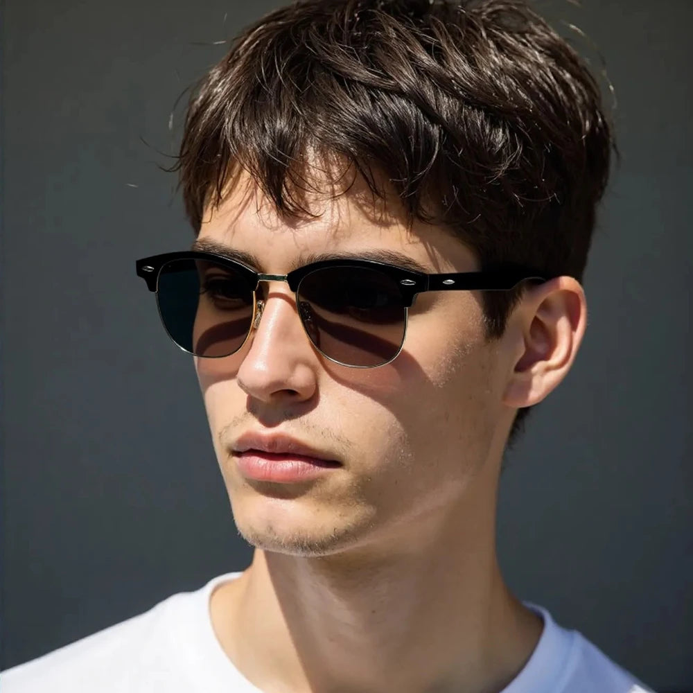 Classic Half Frame Polarized Sunglasses Men Women Retro Rivet Small Sun Glasses Male Popular Black Anti Glare Travelling Shades