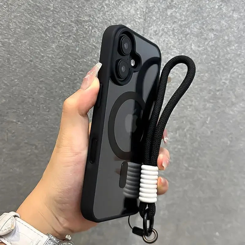 Luxury With Lanyard Clear For Magsafe Phone Case For iPhone 16 15 14 13 12 11 Pro Max Shockproof Armour Wrist Strap Back Cover