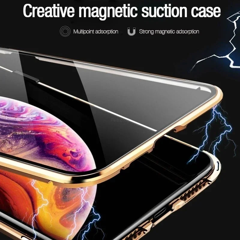 Magnetic tempered glass privacy metal case for iPhone 16 15 14 13 12 XR 11 pro Max 7 8 plus 360 magnet antispy protective cover
