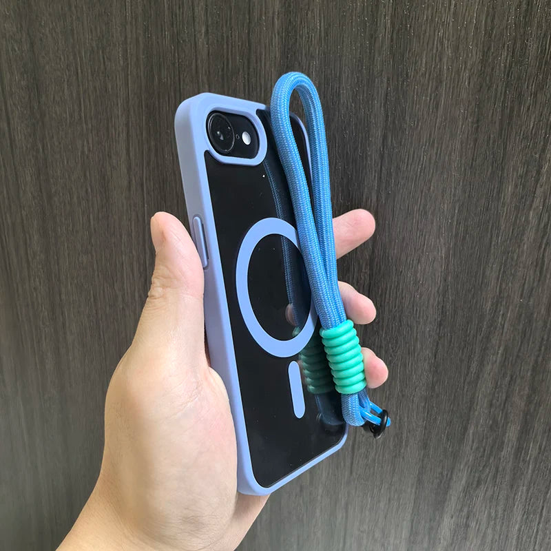 Luxury With Lanyard Clear For Magsafe Phone Case For iPhone 16 15 14 13 12 11 Pro Max Shockproof Armour Wrist Strap Back Cover
