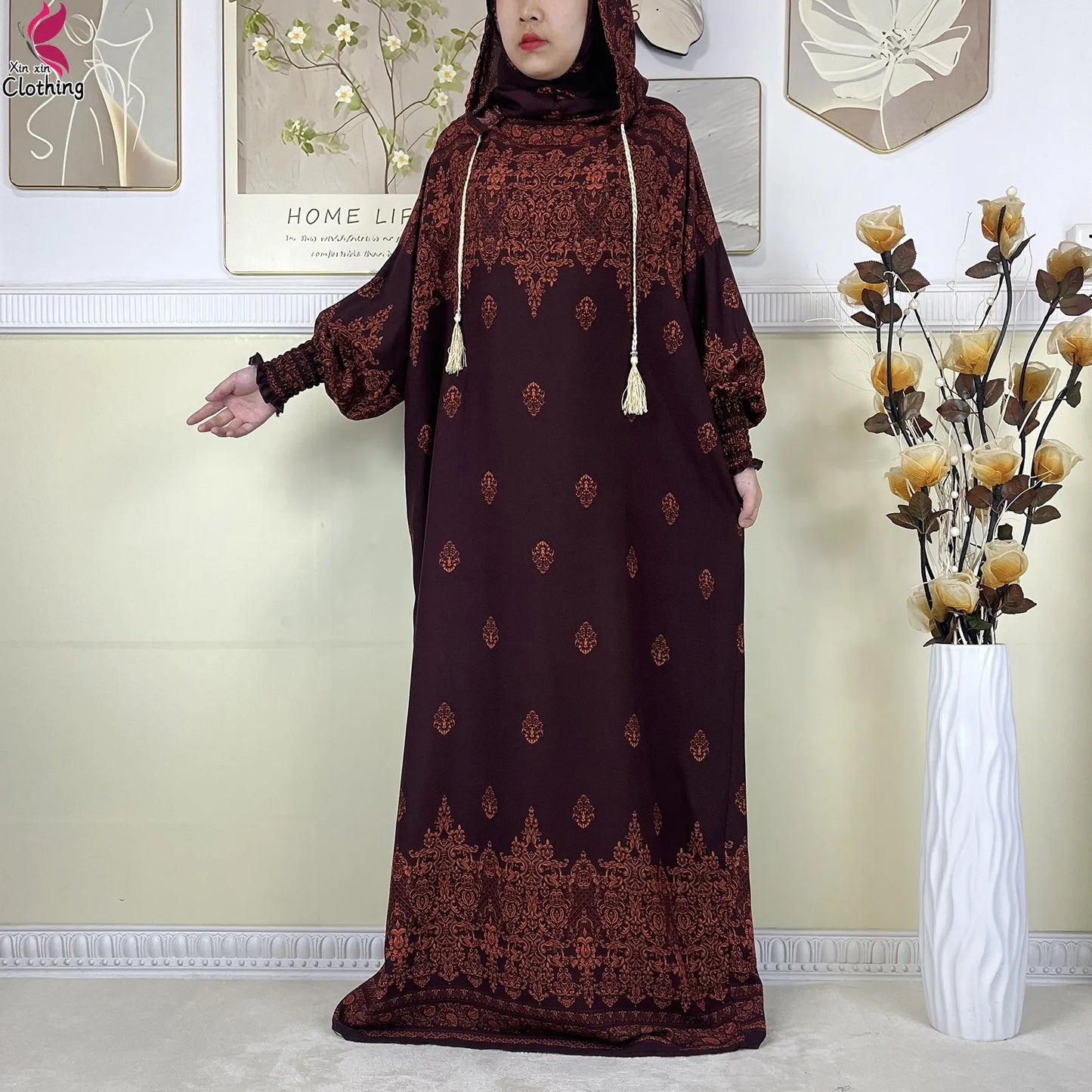 2025 Latest Cotton Abaya Double Hat Muslim Ramadan Prayer Clothing Casual Robe Long Sleeves Loose Woman Islam Prayer Clothing