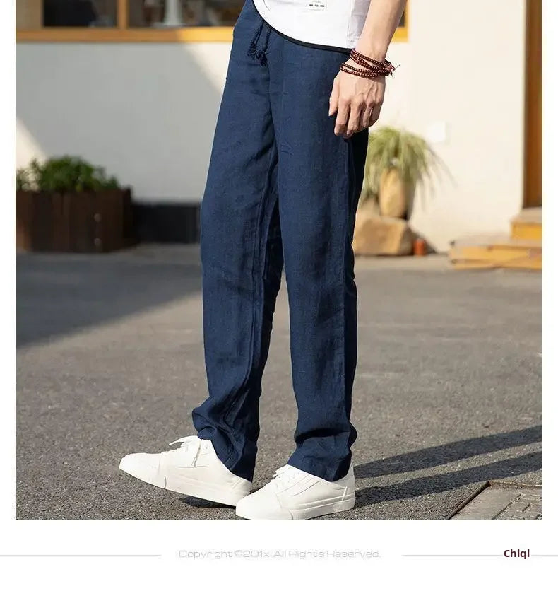 High-end 100% Pure Linen Pants Men's Thin Summer White Pants Casual Loose-fit Straight-leg Cotton Linen Trousers