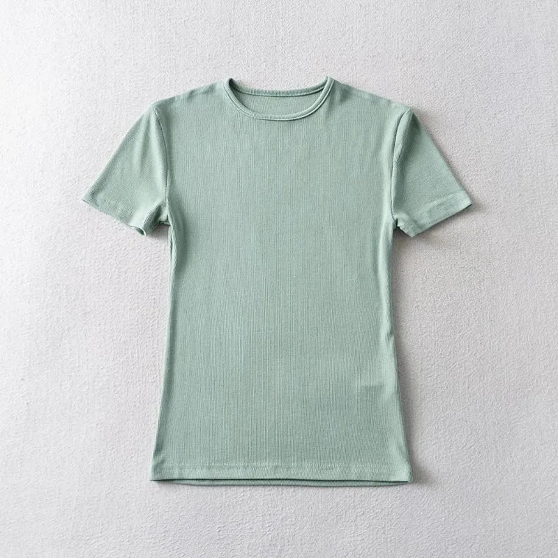 Casual Summer Woman Skinny Fit T-shirt Tight Short-Sleeve O-neck Tee Basic Solid Crop Tops T Shirt