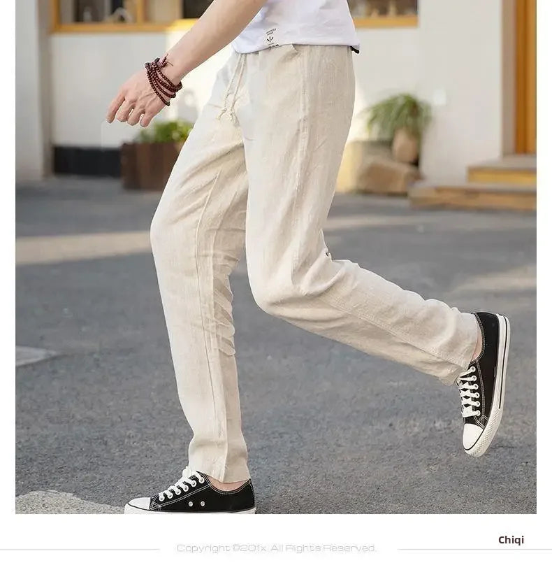 High-end 100% Pure Linen Pants Men's Thin Summer White Pants Casual Loose-fit Straight-leg Cotton Linen Trousers