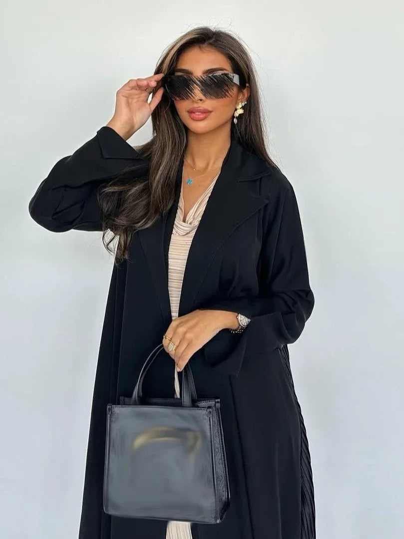 Eid Black Pleated Abaya Cardigan – Muslim Party Dress Kaftan