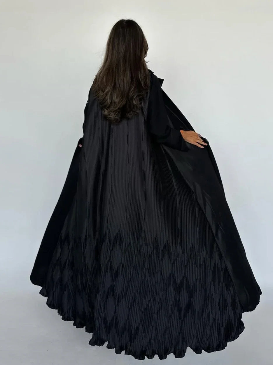 Eid Black Pleated Abaya Cardigan – Muslim Party Dress Kaftan