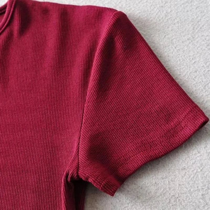 Casual Summer Woman Skinny Fit T-shirt Tight Short-Sleeve O-neck Tee Basic Solid Crop Tops T Shirt