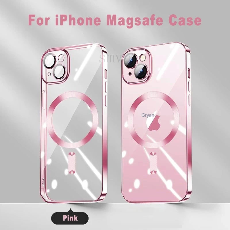 NEW Pink Transparent Magsafe Case For iPhone 16 15 14 13 11 Pro Max Magnetic Wireless Charge Back Shockproof Plating Soft Cover