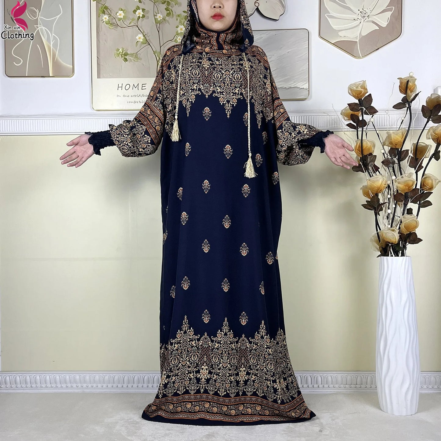2025 Latest Cotton Abaya Double Hat Muslim Ramadan Prayer Clothing Casual Robe Long Sleeves Loose Woman Islam Prayer Clothing