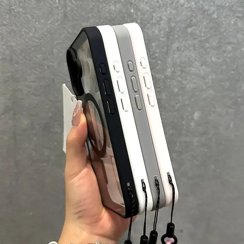 Luxury With Lanyard Clear For Magsafe Phone Case For iPhone 16 15 14 13 12 11 Pro Max Shockproof Armour Wrist Strap Back Cover
