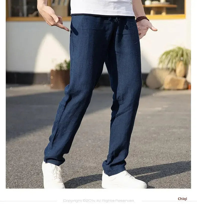 High-end 100% Pure Linen Pants Men's Thin Summer White Pants Casual Loose-fit Straight-leg Cotton Linen Trousers