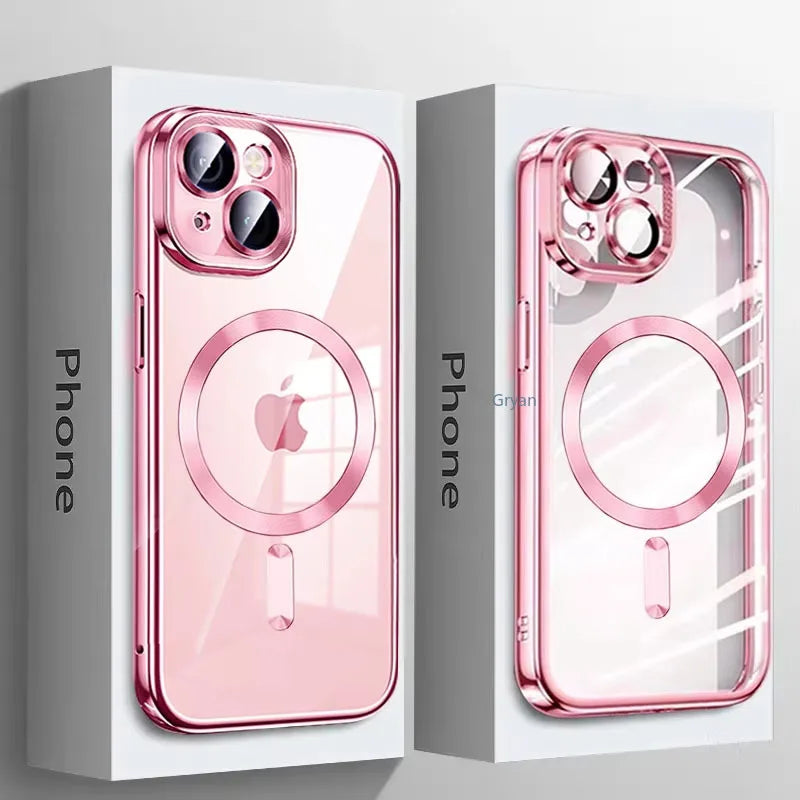 NEW Pink Transparent Magsafe Case For iPhone 16 15 14 13 11 Pro Max Magnetic Wireless Charge Back Shockproof Plating Soft Cover