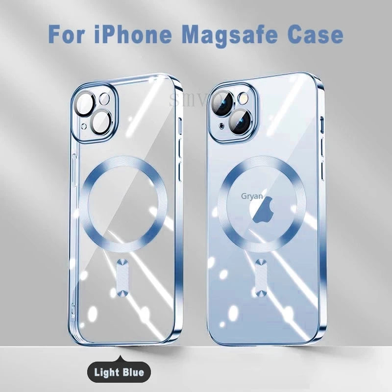 NEW Pink Transparent Magsafe Case For iPhone 16 15 14 13 11 Pro Max Magnetic Wireless Charge Back Shockproof Plating Soft Cover