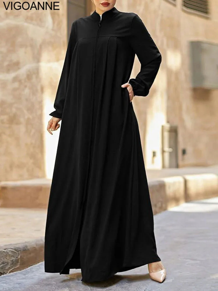 VigoAnne 2025 Muslim Abaya Solid Zipper One-piece Prayer Dress Women Long Sleeve Islamic Clothing Lady Dubai Saudi Robe Turkish