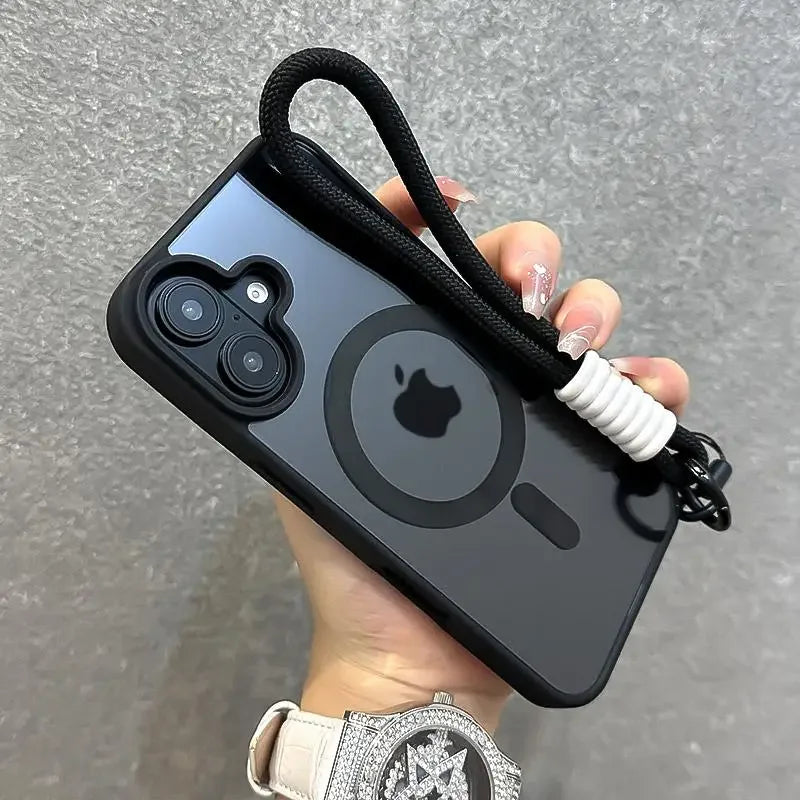 Luxury With Lanyard Clear For Magsafe Phone Case For iPhone 16 15 14 13 12 11 Pro Max Shockproof Armour Wrist Strap Back Cover