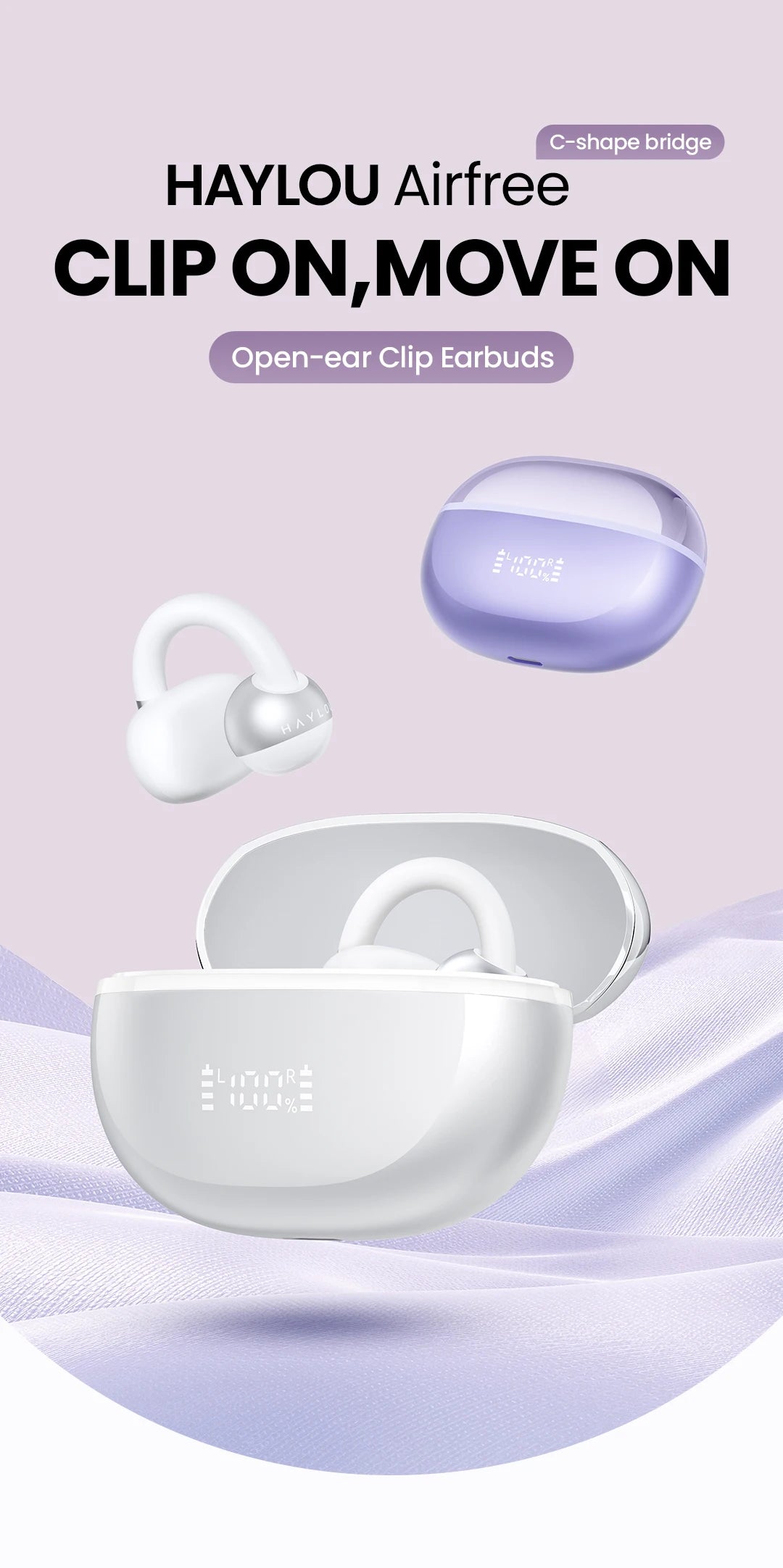 HAYLOU AirFree Ear Clip Earphones Bluetooth 5.4 Wireless Earbuds Dual-mic AI Noise Reduction Sports Headphones Smart LED Display