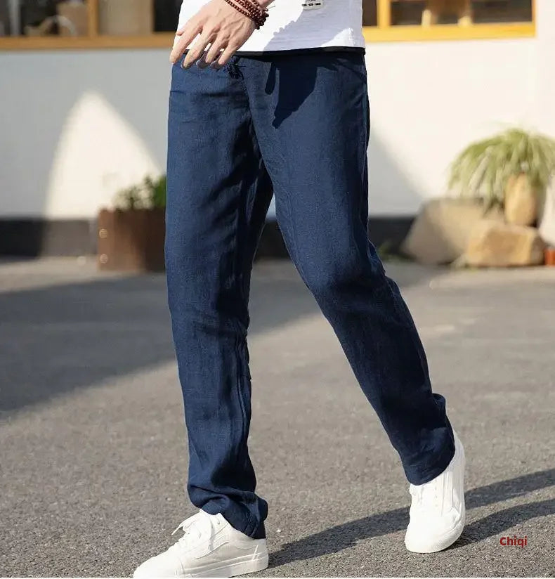 High-end 100% Pure Linen Pants Men's Thin Summer White Pants Casual Loose-fit Straight-leg Cotton Linen Trousers