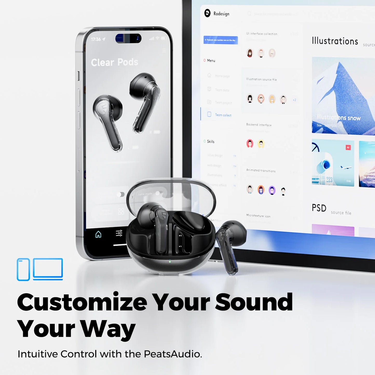 SoundPEATS Clear Pods Bluetooth Wireless Earphones with Dual ENC Mic, 13mm Drivers,Deep Bass, Total 40H Playtime, APP Control