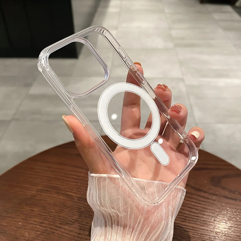 Clear For Magsafe Wireless Charge Case For Apple iPhone 16 15 14 13 12 11 Pro Max Plus Mini Magnetic Acrylic Transparent Cover