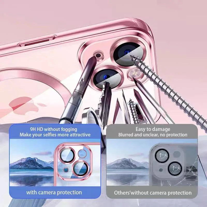 NEW Pink Transparent Magsafe Case For iPhone 16 15 14 13 11 Pro Max Magnetic Wireless Charge Back Shockproof Plating Soft Cover