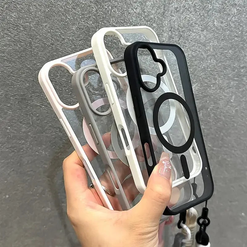 Luxury With Lanyard Clear For Magsafe Phone Case For iPhone 16 15 14 13 12 11 Pro Max Shockproof Armour Wrist Strap Back Cover