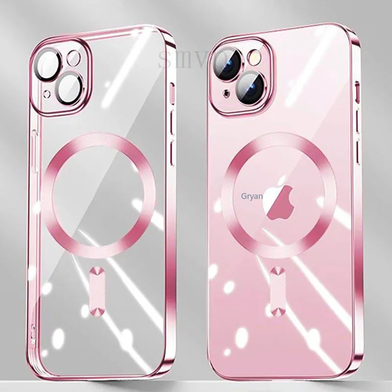 NEW Pink Transparent Magsafe Case For iPhone 16 15 14 13 11 Pro Max Magnetic Wireless Charge Back Shockproof Plating Soft Cover