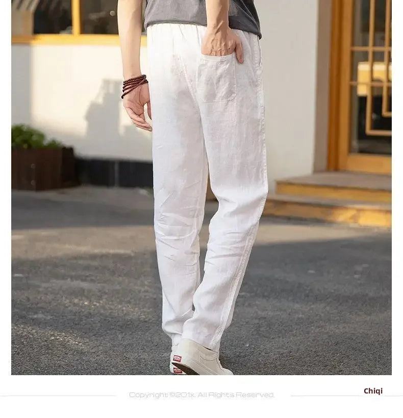 High-end 100% Pure Linen Pants Men's Thin Summer White Pants Casual Loose-fit Straight-leg Cotton Linen Trousers